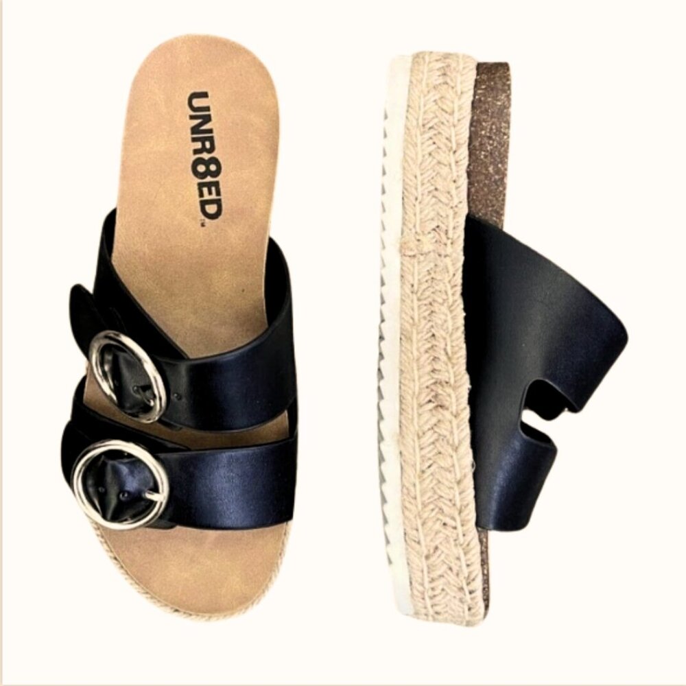 Unr8ed Villa Y2K Womens Espadrille Platform Sandals 9 Black Buckle Chunky Slide